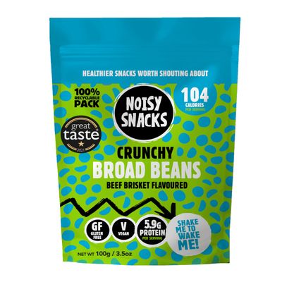 Noisy Snacks - Beef Brisket Crunchy Broad Beans, Great Taste Award Winning, Hint of Salt & Spicy, Healthy Low Calorie Snack, High Protein & Fibre, Vegan, Gluten Free, Palm Oil Free 7 x 100g Recyclable