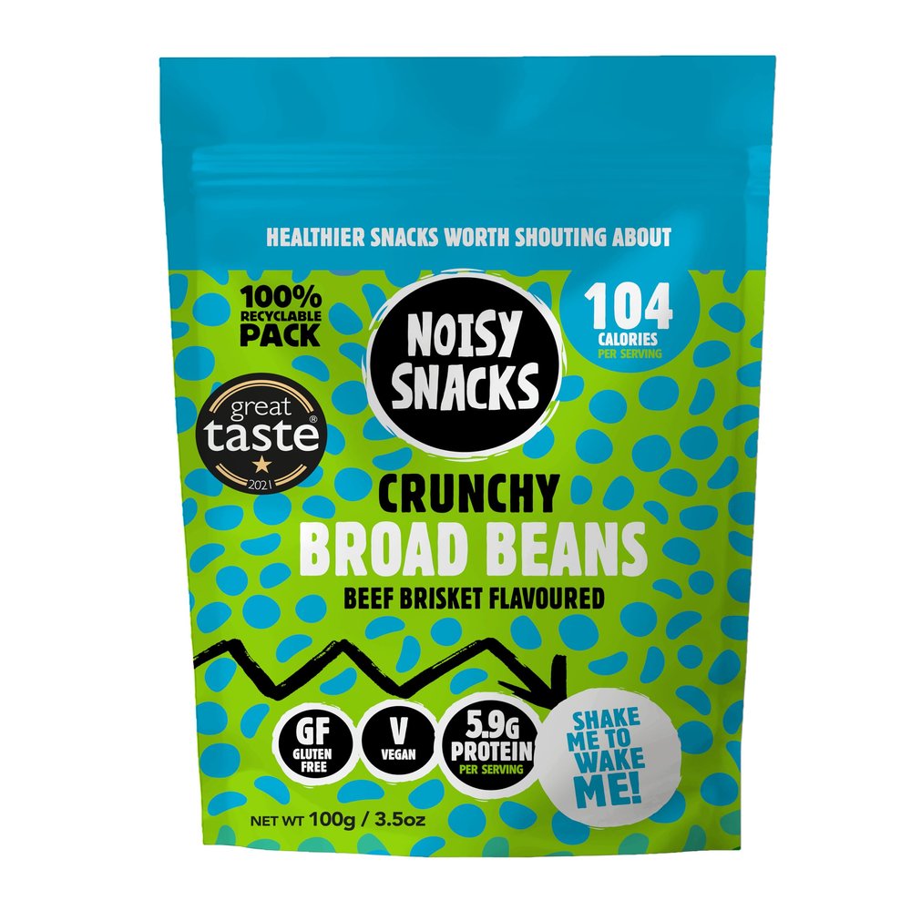 Noisy Snacks - Beef Brisket Crunchy Broad Beans, Great Taste Award Winning, Hint of Salt & Spicy, Healthy Low Calorie Snack, High Protein & Fibre, Vegan, Gluten Free, Palm Oil Free 7 x 100g Recyclable