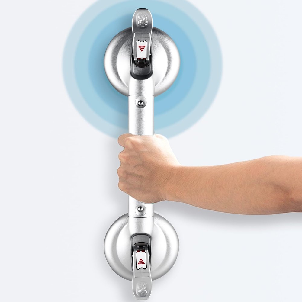DAREN MEDICAL Suction Cup Grab Bars for Bathtubs and Bathroom, Tool Free Shower Handle, Grab Handle for Elderly Suction with Indicators, Shower Grab Bar for Seniors, Heavy Duty,Sliver