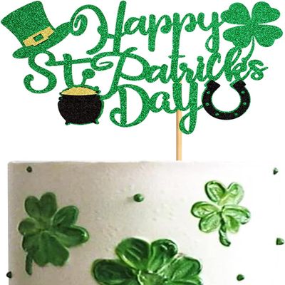 Ercadio 1 Pack Happy St Patrick's Day Cake Toppers Happy St Patrick's Day Cake Picks with Four Leaf Green Hat for st.Patricks Day Birthday Baby Shower Party Cake Decor Supplies