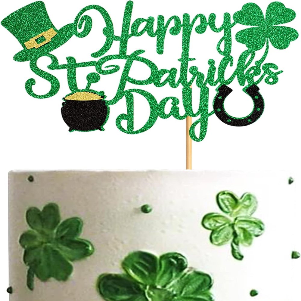 Ercadio 1 Pack Happy St Patrick's Day Cake Toppers Happy St Patrick's Day Cake Picks with Four Leaf Green Hat for st.Patricks Day Birthday Baby Shower Party Cake Decor Supplies