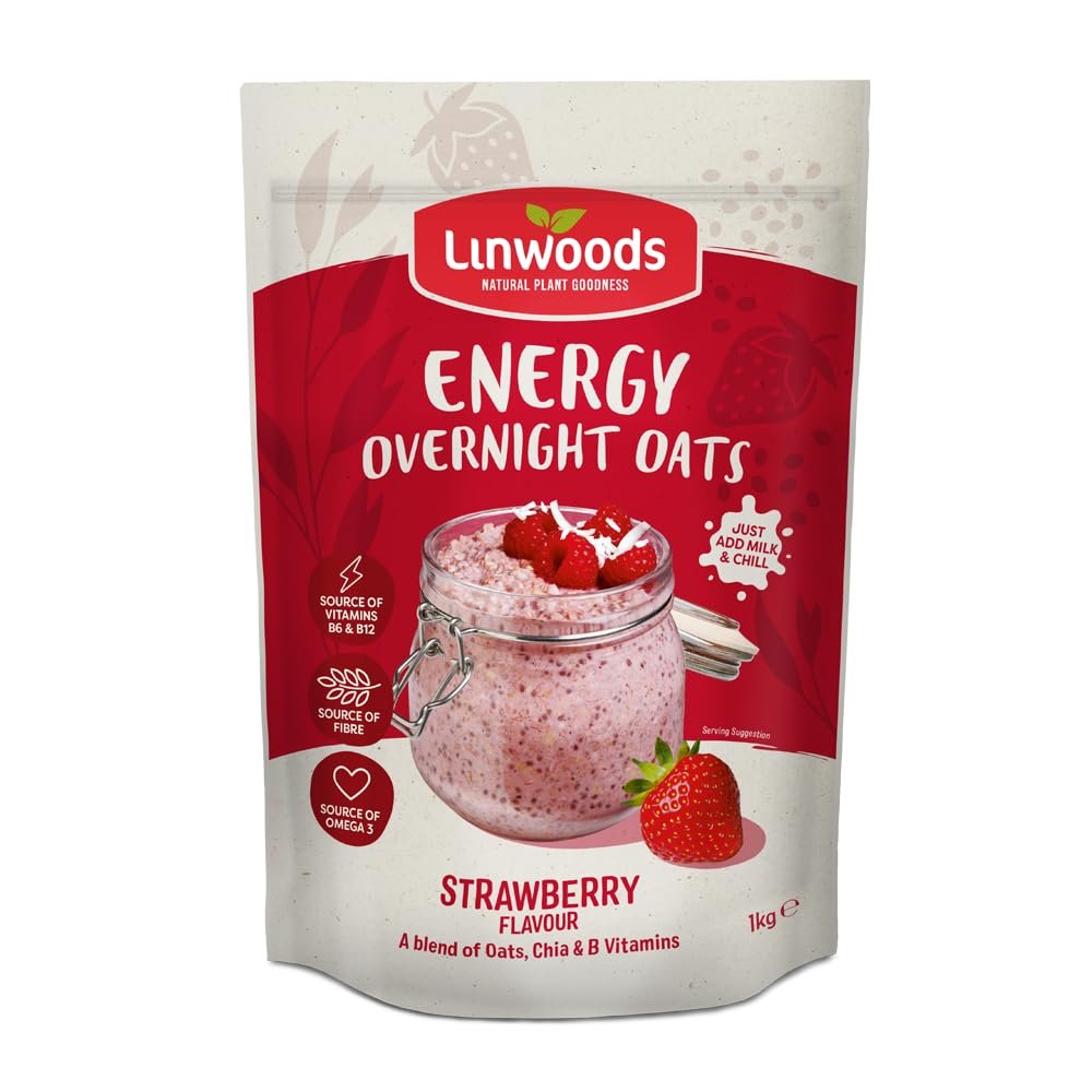 Linwoods Strawberry Energy Overnight Oats | 1kg Porridge Oats | Healthy Breakfast Food | Vegan Friendly & Gluten Free