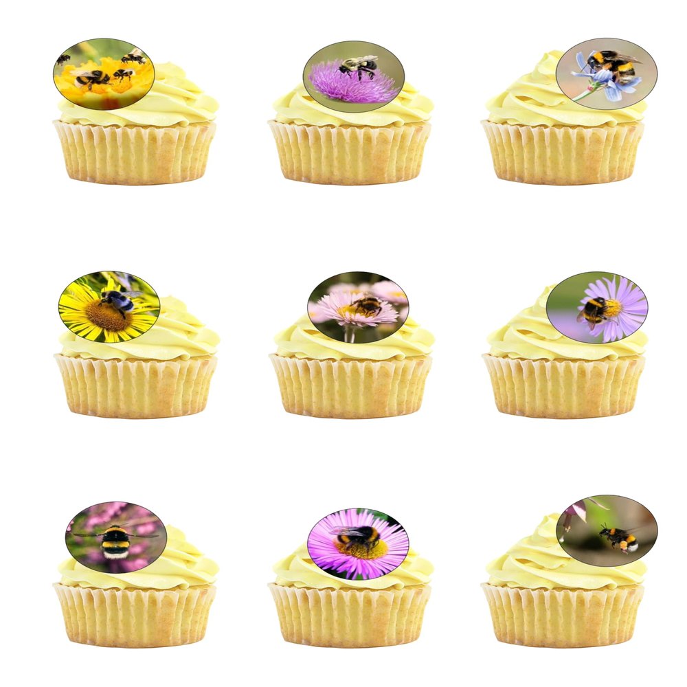 24 Pre-Cut Bumblebee Flower Themed Edible Wafer Paper Cake Toppers Decorations