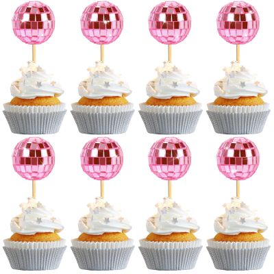 24 PCS Pink Disco Ball Cupcake Toppers, Disco Ball Cupcake Picks, Mini Disco Ball Cake Toppers Disco Theme Cake Decorations for Disco Theme Party 70s Disco Party Decorations