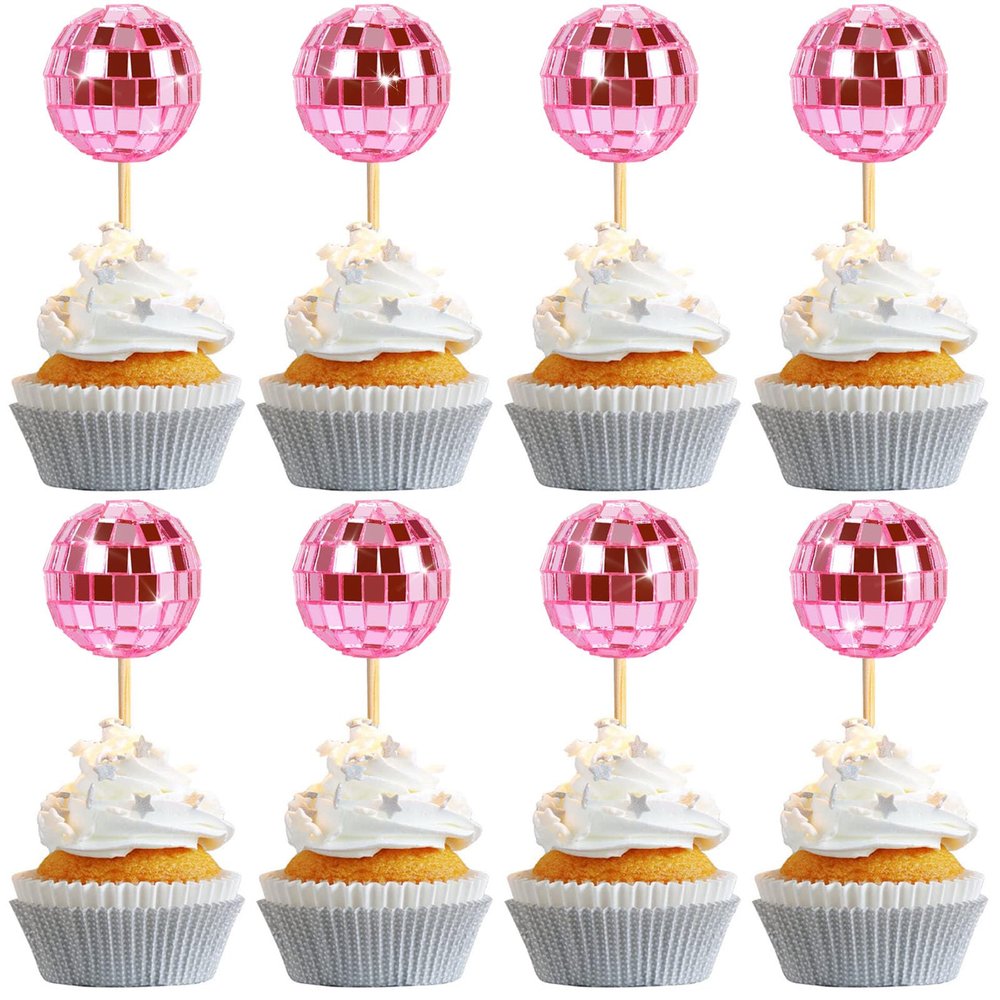 24 PCS Pink Disco Ball Cupcake Toppers, Disco Ball Cupcake Picks, Mini Disco Ball Cake Toppers Disco Theme Cake Decorations for Disco Theme Party 70s Disco Party Decorations