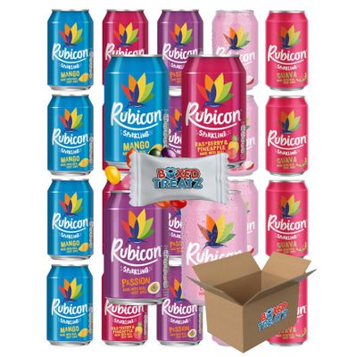 Rubicon Sparkling Fizzy Drink With Real Fruit Juice 330ml Pack Of 48 Assorted Flavours Suitable For Vegans Rubicon Sparkling Cans Bundle Boxed Treatz