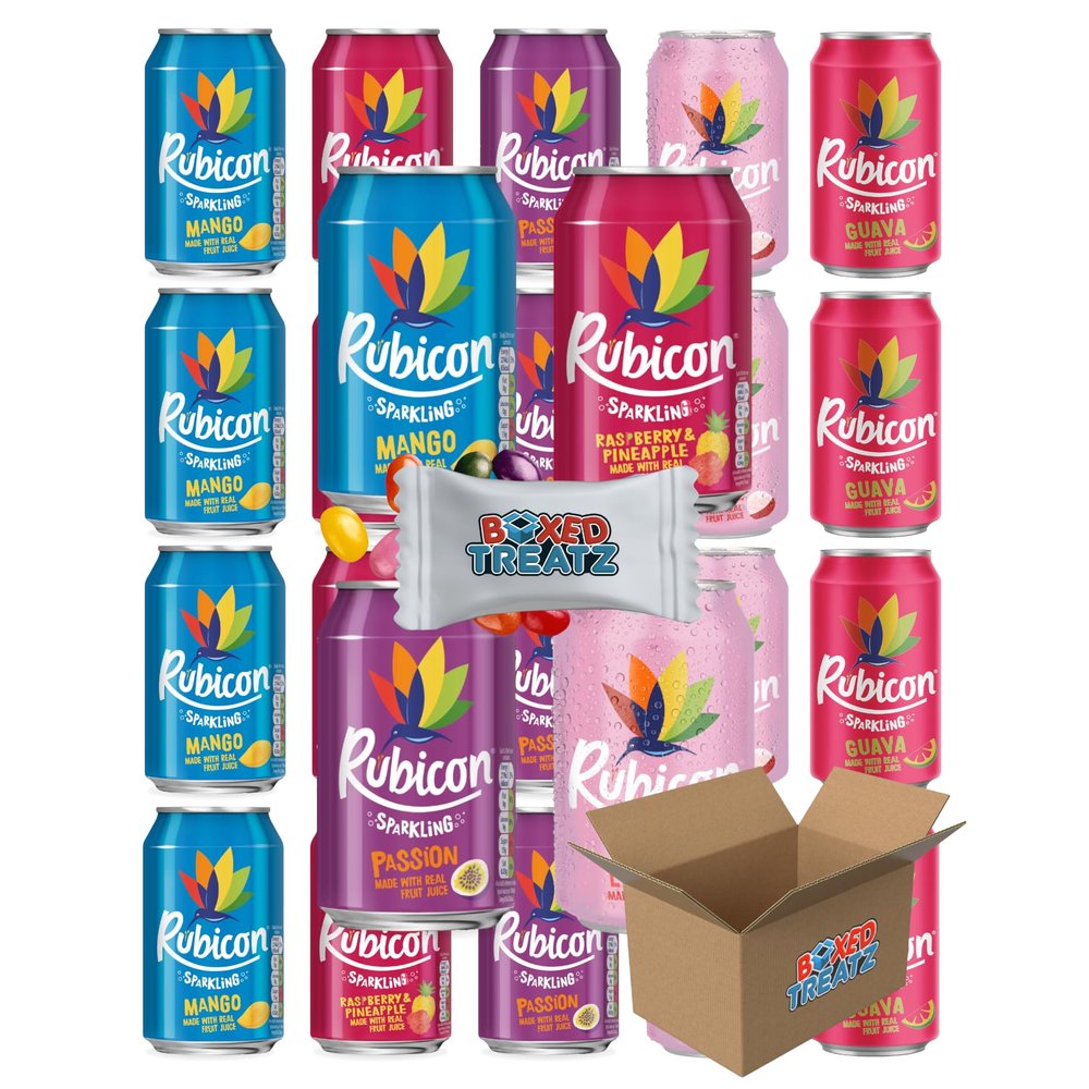 Rubicon Sparkling Fizzy Drink With Real Fruit Juice 330ml Pack Of 48 Assorted Flavours Suitable For Vegans Rubicon Sparkling Cans Bundle Boxed Treatz
