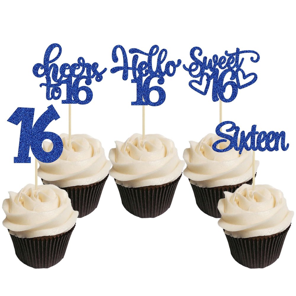 30pcs 16th Birthday Cupcake Toppers - Sixteen Happy 16th Cupcake Picks - Cheers to Sweet 16 Cake Decorations - Deep Blue Glitter