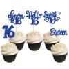 30pcs 16th Birthday Cupcake Toppers - Sixteen Happy 16th Cupcake Picks - Cheers to Sweet 16 Cake Decorations - Deep Blue Glitter view 1