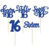 30pcs 16th Birthday Cupcake Toppers - Sixteen Happy 16th Cupcake Picks - Cheers to Sweet 16 Cake Decorations - Deep Blue Glitter view 3