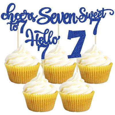 30Pcs 7th Birthday Cupcake Toppers Glitter Seven Happy 7 Cupcake Picks Cheers to 7 Years Old Cake Decorations for 7th Birthday Party Supplies Deep Blue