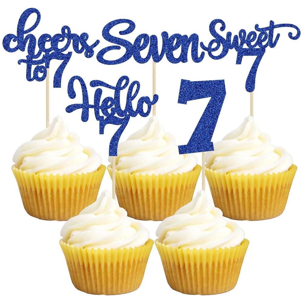 30Pcs 7th Birthday Cupcake Toppers Glitter Seven Happy 7 Cupcake Picks Cheers to 7 Years Old Cake Decorations for 7th Birthday Party Supplies Deep Blue