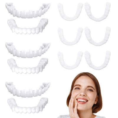 3 Pairs False Teeth, VEGCOO Clip in Veneer Teeth Instant Veneers Dentures Fake Tooth Braces, False Teeth Clip on Veneer Top and Bottom, Whitening Veneers Tooth Top and Bottom Set for Men Women
