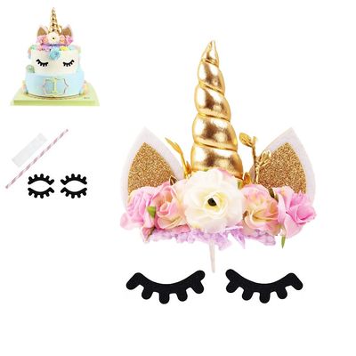 Nishine Rose Floral Unicorn Cake Topper Birthday Party Cake Decoration (Gold&Ivory)