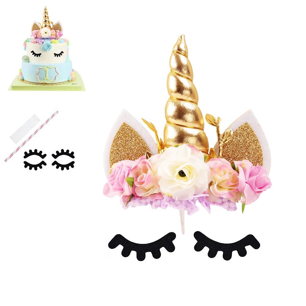 Nishine Rose Floral Unicorn Cake Topper Birthday Party Cake Decoration (Gold&Ivory)