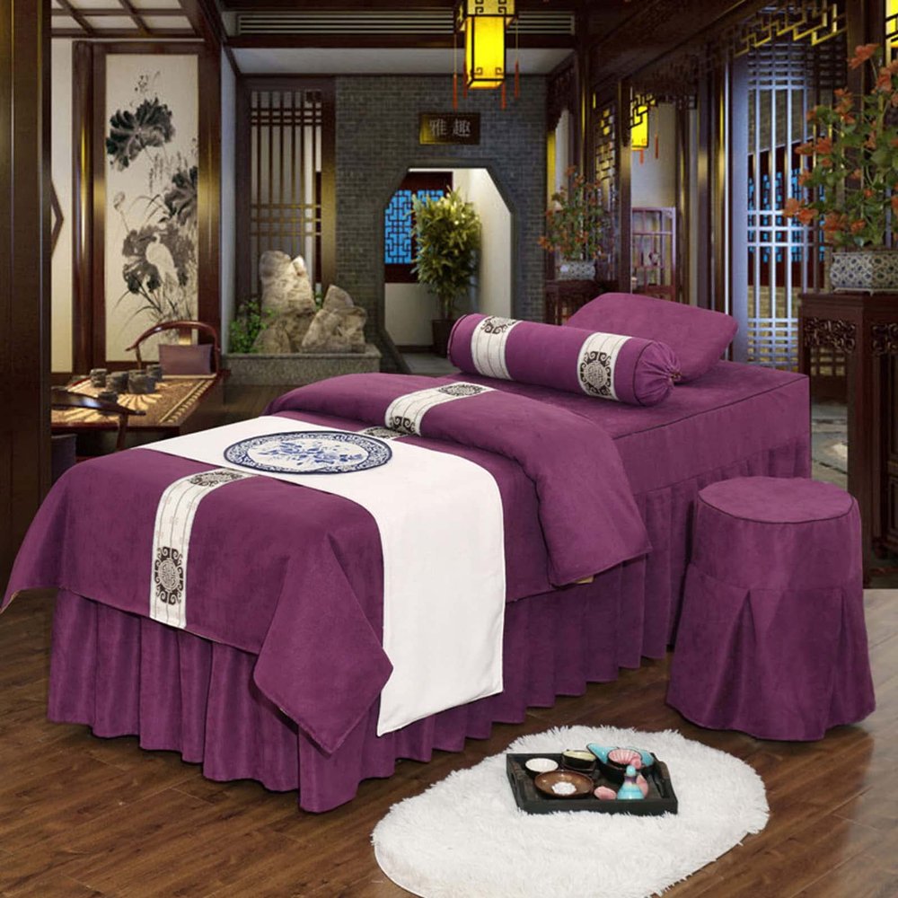 4-Piece Microfiber Massage Table Sheet Set, Solid Color Massage Table Skirt Breathable Massage Table Sheet Sets Beauty Bed Cover Breathable Massage Beds Skirt (Grey Round head 190x70cm) (Purple Roun