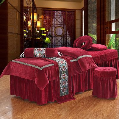 4-piece Massage Table Sheet Set,Flannel Solid Color Beauty Bed Cover Breathable Beauty Bedspreads For Spa Physiotherapy Massage-Jade 70x185cm(28x73inch) (Black 70x190cm(28x75inch)) (The Wine is Red