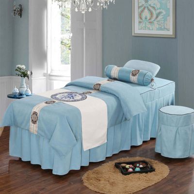 4-Piece Microfiber Massage Table Sheet Set, Solid Color Massage Table Skirt Breathable Massage Table Sheet Sets Beauty Bed Cover Breathable Massage Beds Skirt (Grey Round head 190x70cm) (Blue 2 Roun