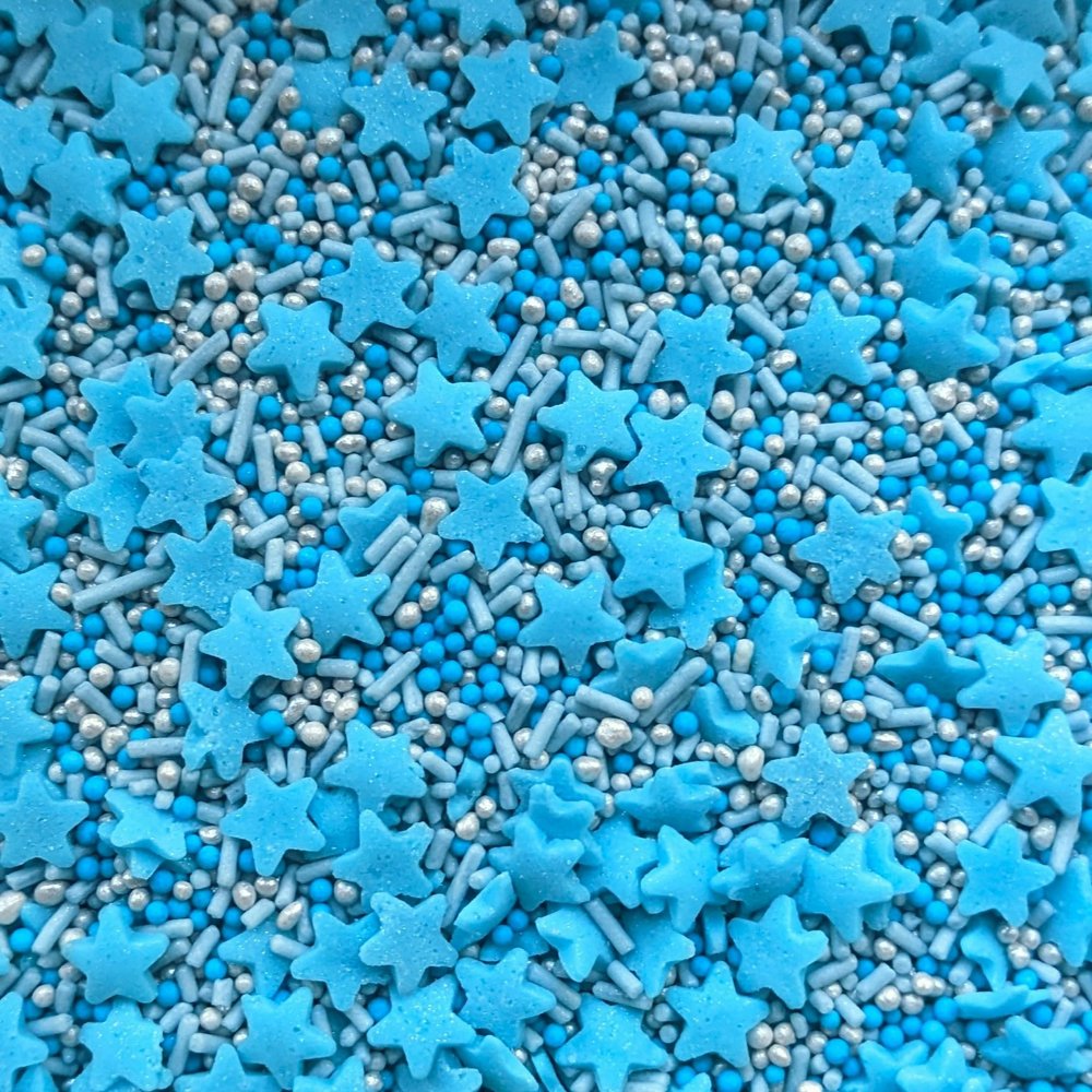 Blue Stars Mixed Sprinkles - 35g of Blue and Silver Edible Cake Toppers Decorations, 100s 1000s Mini Balls Strands Sugar Stars