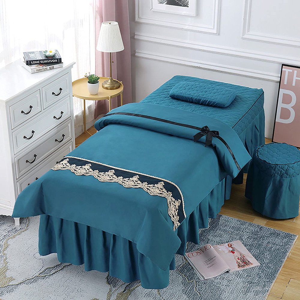 4-piece Microfiber Massage Table Sheet Set,Soft Solid Color Massage Table Skirt Machine Washable Salon Bed Cover For Massage Tables-Grey 190x75cm(75x30inch) (Pink 190x70cm(75x28inch)) (Blue 190x70cm