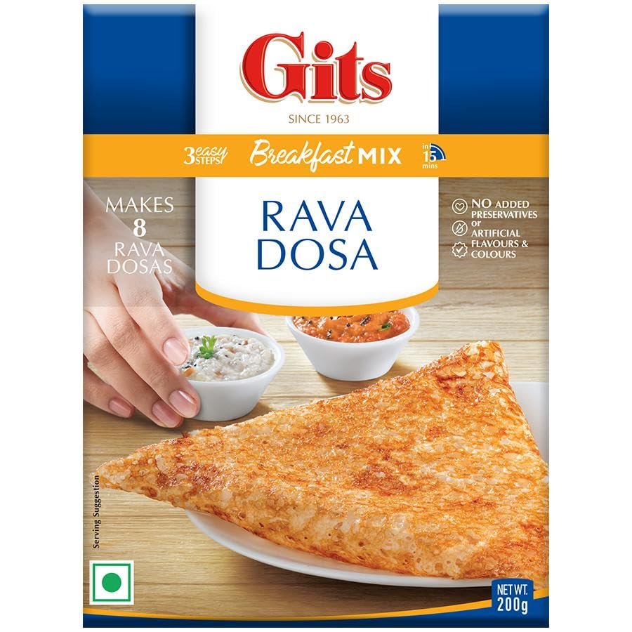 Gits Dosa | Idli | Upma | Vada | Medu Vada | Uttappam | Dokla | Sambhar | Packora | Handvo | Snacks | Ready Mix (Pack of 1, Gits Rava Dosa Mix 200g)