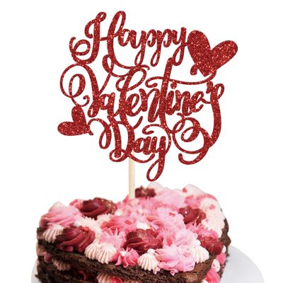 1 Pack Happy Valentine's Day Cake Topper Glitter Love Heart Valentine's Day Cake Pick Cake Decorations for Valentine's Day Theme Wedding Birthday Party Supplies Red