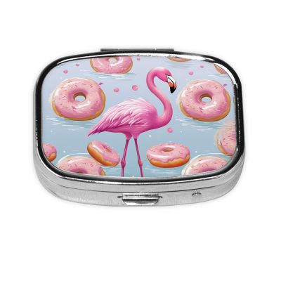 Flamingo and Donuts Pill Box Metal Pill Case Portable Travel Pill Organizer for Pocket or Purse Decorative Medicine Box Vitamin Container