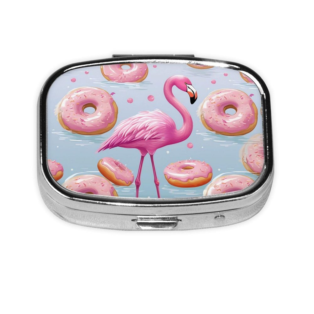 Flamingo and Donuts Pill Box Metal Pill Case Portable Travel Pill Organizer for Pocket or Purse Decorative Medicine Box Vitamin Container