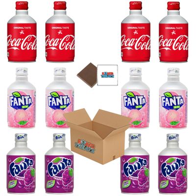 Japanese Soda Metal Bottle - Coke Regular, Fanta Grape & Fanta White Peach 300ml (300ml) Screw Lid Canned Drinks Boxed Treatz (4Pcs Each (12x300ml))