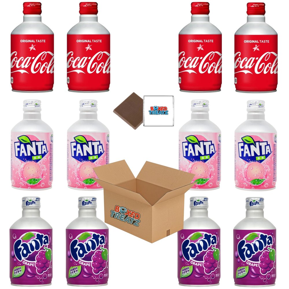 Japanese Soda Metal Bottle - Coke Regular, Fanta Grape & Fanta White Peach 300ml (300ml) Screw Lid Canned Drinks Boxed Treatz (4Pcs Each (12x300ml))