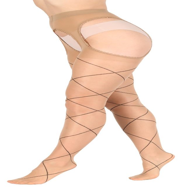 BANANALU 20 Denier Mesh Pattern Sexy Open Crotch Tights Cutout, Daino/Nero, L