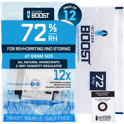 Integra Boost - 72% RH Level - 67 Gram Size - Two-Way Humidity Control Pack - Incl. Replacement Indicator Cards - Food Storage & Herbs Moisture Balancer For Up to 1 LB (Pack of 12)