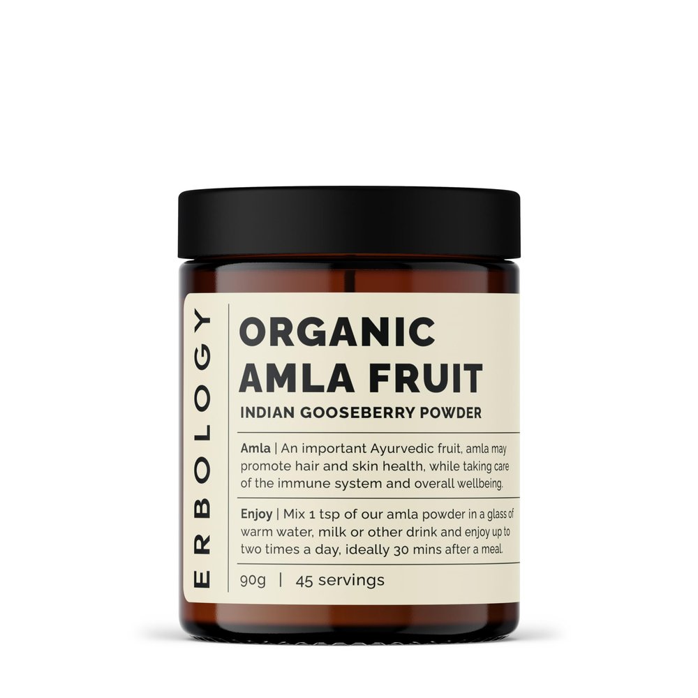 Erbology Organic Amla Powder 90g - 45 Servings - Indian Gooseberry - Skin and Hair Regeneration - Rich in Vitamin C - Sustainably Sourced Straight from Farm in India - Small Batch - Vegan - GMO-Free