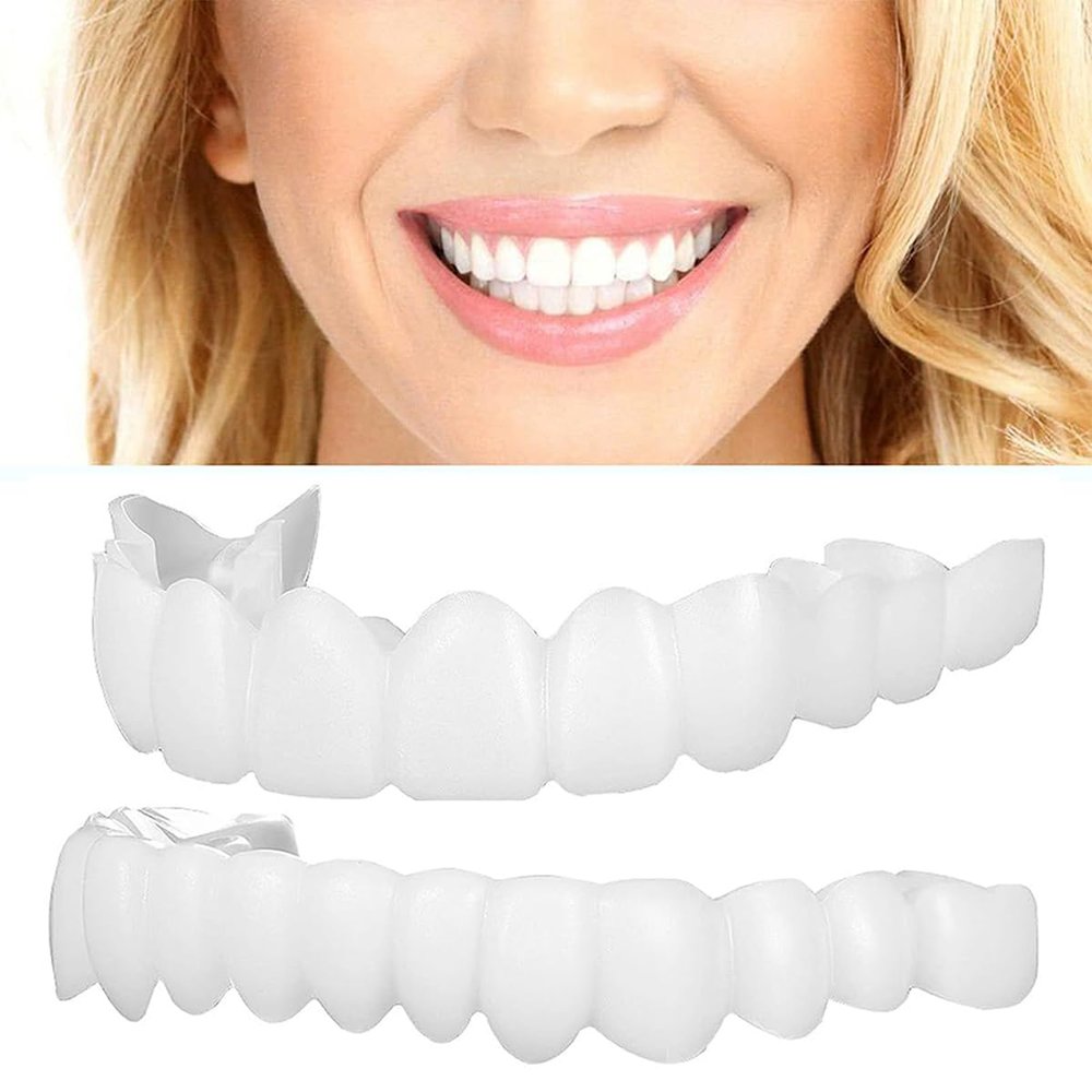 Dazzluxe Upper & Lower Teeth Veneers, 2 Pairs Simulation Braces Snap on Veneers Teeth Smile Fake Teeth Cover Perfect Tooth Whitening False Teeth One Size Temporary Dentures