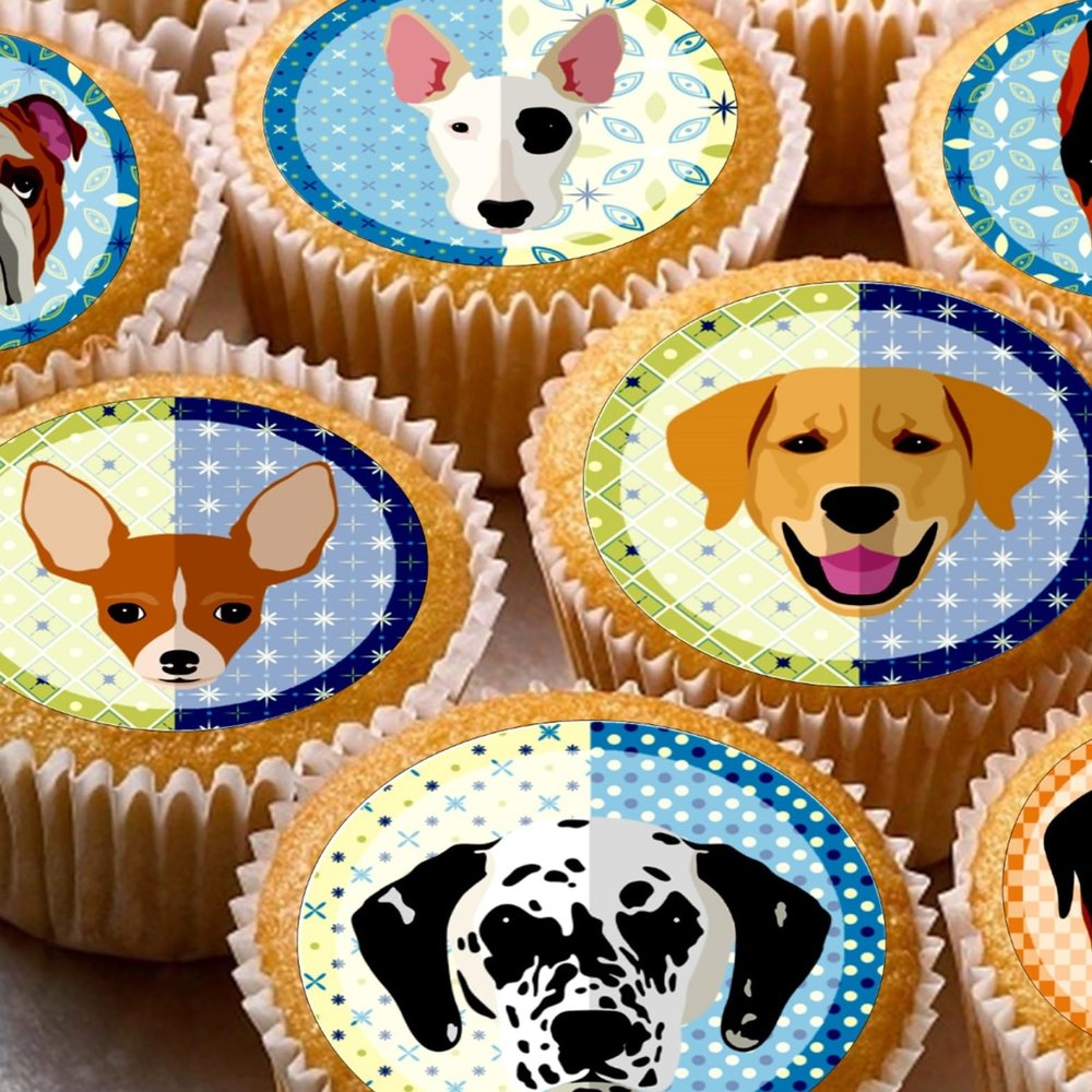 24 Dog dogs edible party decorations Iced/Icing Cupcake Topper Edible Fairy Cake Bun Toppers Round