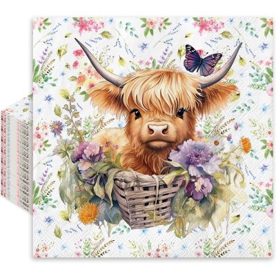 Whaline 80Pcs Highland Cow Paper Napkin Watercolor Cute Cow Flower Disposable Napkins Farmhouse Luncheon Dinner Napkin for Spring Summer Party Supplies, W12485