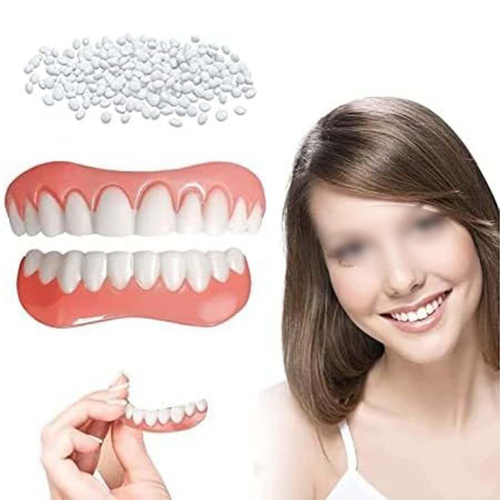 LXURY Prosthesis Teeth Instant Veneers Silica Gel Fake Teeth Comfortable Whitening Cosmetic Dentures Tooth Covering Temporary Smile Top and Bottom Veneers False Teeth for Men and Women,01,1PCS