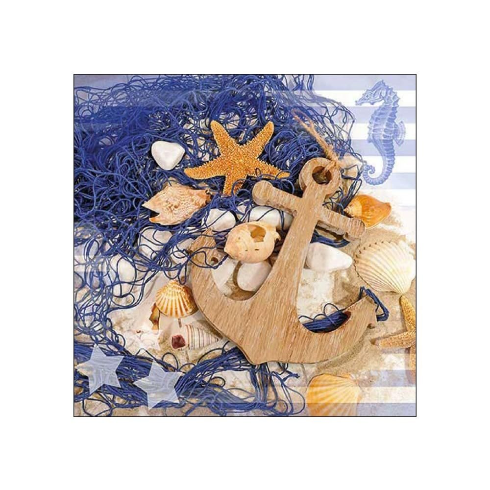 20 Napkins Maritime Wooden Anchor on Fishing Net Table Decoration Paper Napkins with Motif Also for Decoupage and Decoupage 33 x 33 cm