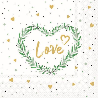20 Napkins Wedding & Love Love in Green Heart as Table Decoration Paper Napkins with Motif Also for Decoupage and Decoupage 33 x 33 cm