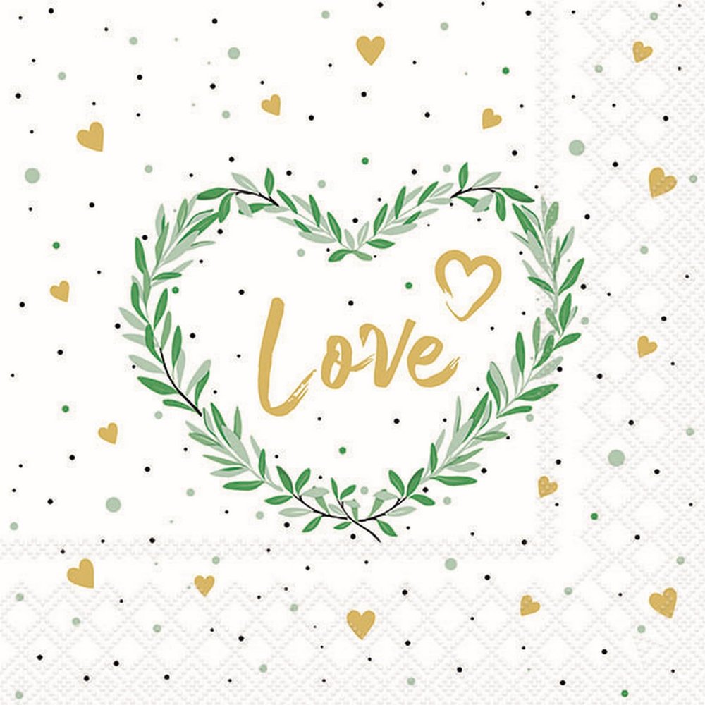 20 Napkins Wedding & Love Love in Green Heart as Table Decoration Paper Napkins with Motif Also for Decoupage and Decoupage 33 x 33 cm