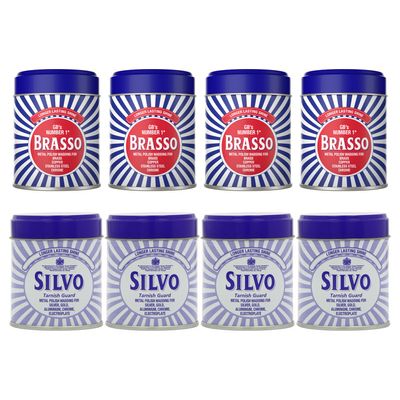 Brasso Wadding x 4 & Silvo Wadding x 4 Metal Polish For Brass, Copper, Stainless Steel, Chrome & Silver 75g