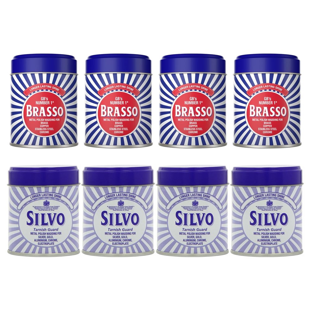 Brasso Wadding x 4 & Silvo Wadding x 4 Metal Polish For Brass, Copper, Stainless Steel, Chrome & Silver 75g