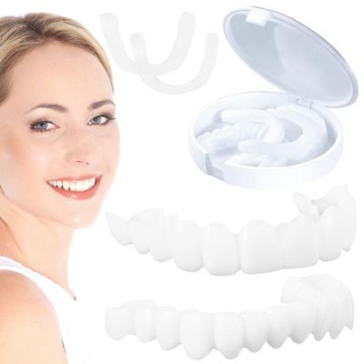 Dazzluxe 2 Pairs Fake Teeth, Snap in Teeth Veneers - Instant Perfect Smile Top And Bottom Clip on Veneers, Snap on Veneers Teeth Cosmetic Braces To Make Tooth Beautiful Neat