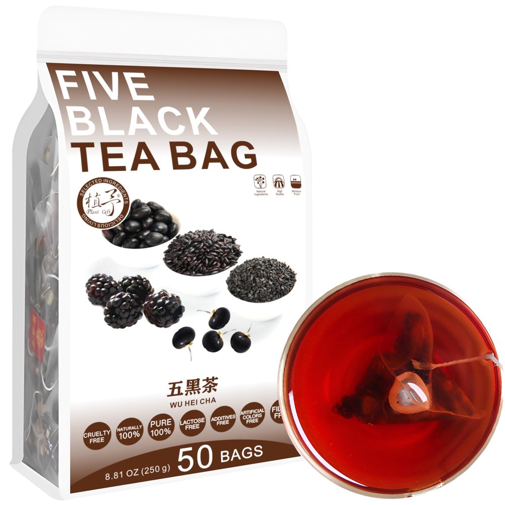 100% Pure Natural Herbal Tea, Five Black Tea Bag, 250g/8.81oz (5g*50bags)  Semen sesami nigrum, Black Soya Bean, Black Goji, Mulberry, Black Rice, Caffeine Free, No Additives, Non-GMO