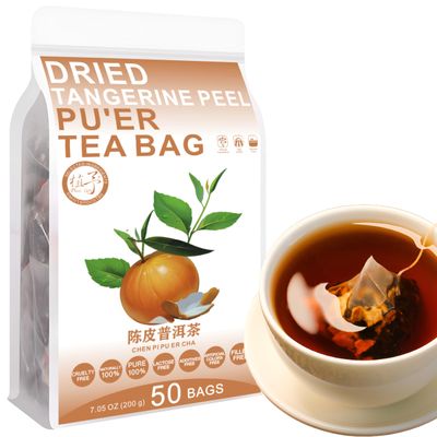 100% Pure Natural Herbal Tea, Dried Tangerine Peel Pu'er Tea Bag, 200g/7.05oz (4g*50bags), , Puer Tea, Orange Peel, Caffeine Free, No Additives, Non-GMO