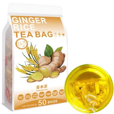 100% Pure Natural Herbal Tea, Ginger rice Tea Bag, 250g/8.81oz (5g*50bags), , Brown Rice, Orange Peel, Caffeine Free, No Additives, Non-GMO