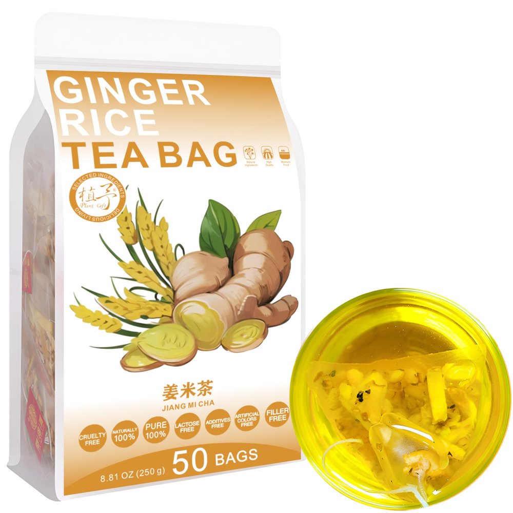 100% Pure Natural Herbal Tea, Ginger rice Tea Bag, 250g/8.81oz (5g*50bags), , Brown Rice, Orange Peel, Caffeine Free, No Additives, Non-GMO