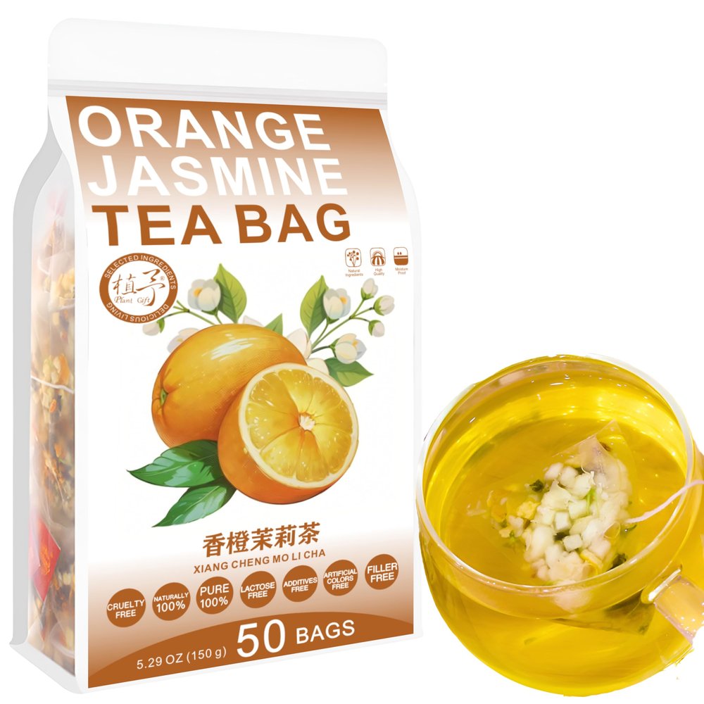 100% Pure Natural Herbal Tea, Orange Jasmine Tea Bag, 150g/5.29oz (3g*50bags), , Pineapple, Apple, Orange peel, Green Tea, No Additives, Non-GMO