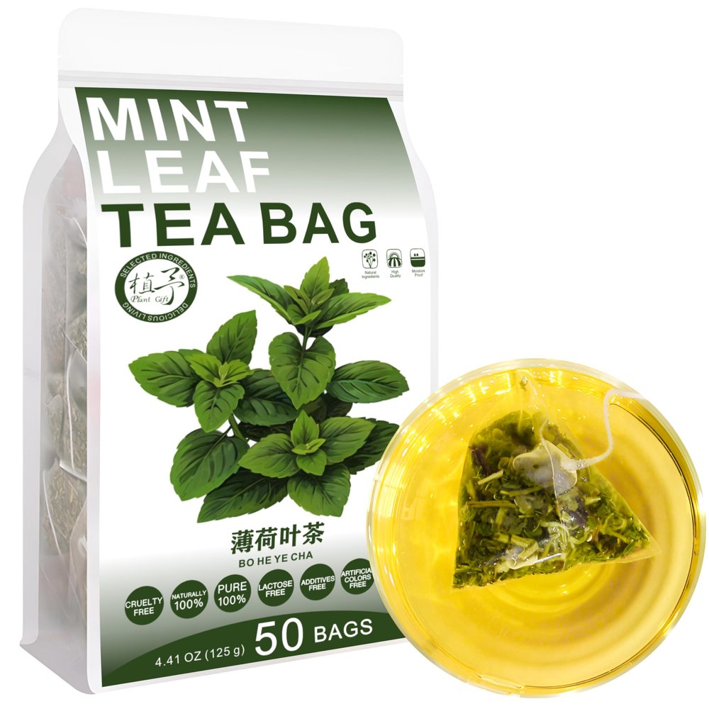 100% Pure Natural Herbal Tea, Mint Leaf Tea Bag, 125g/4.4oz (2.5g*50bags),  Peppermint Tea Tea, Loose Leaf Fresh Mint Leaves (Menta Piperita) Caffeine Free, No Additives, Non-GMO
