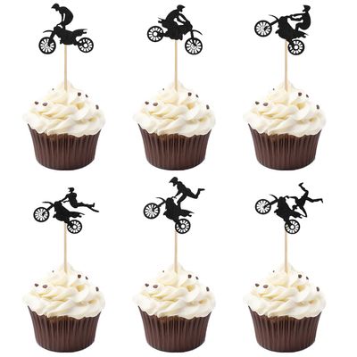 24pcs Motorcycle Cupcake Toppers, Black Glitter Dirt Bike Cake Topper Motorbike Cupcake Picks Party Cake Decorations for Sports Motocross Themed Birthday Party Cake Decorations Supplies